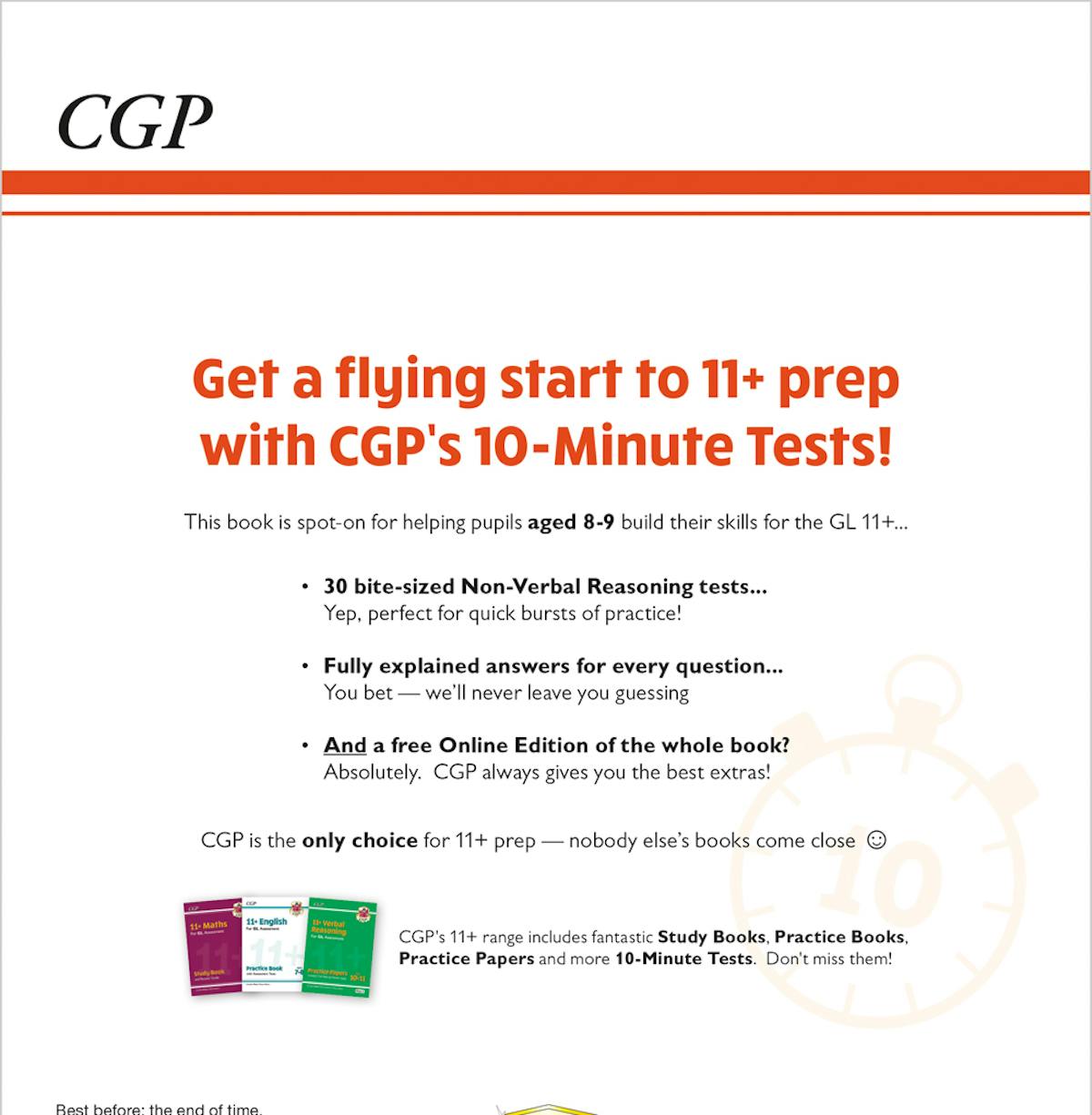 Back cover of the GL 11+ Non-Verbal Reasoning 10-Minute Tests book showing test structure and features