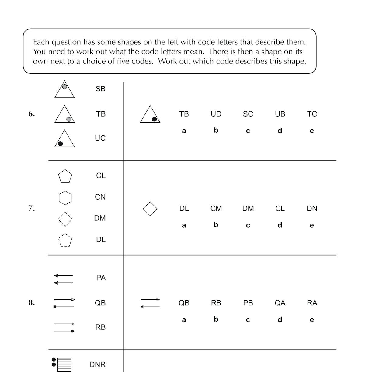 Test page example showing code-based non-verbal reasoning questions with multiple choice answers