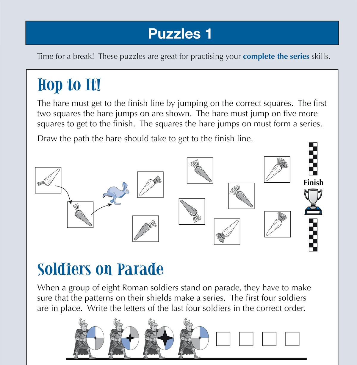 Sample puzzle page showing complete the series activities including Hop to It and Soldiers on Parade