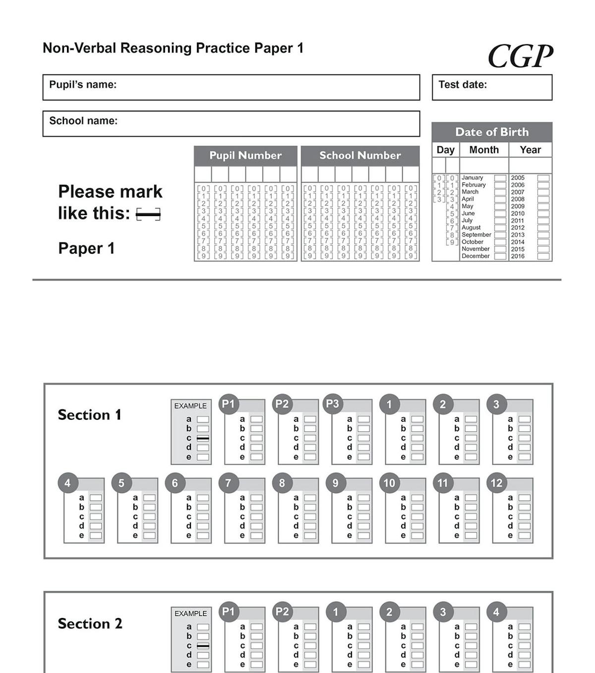 Answer sheet showing multiple-choice grid layout with pupil and school number boxes