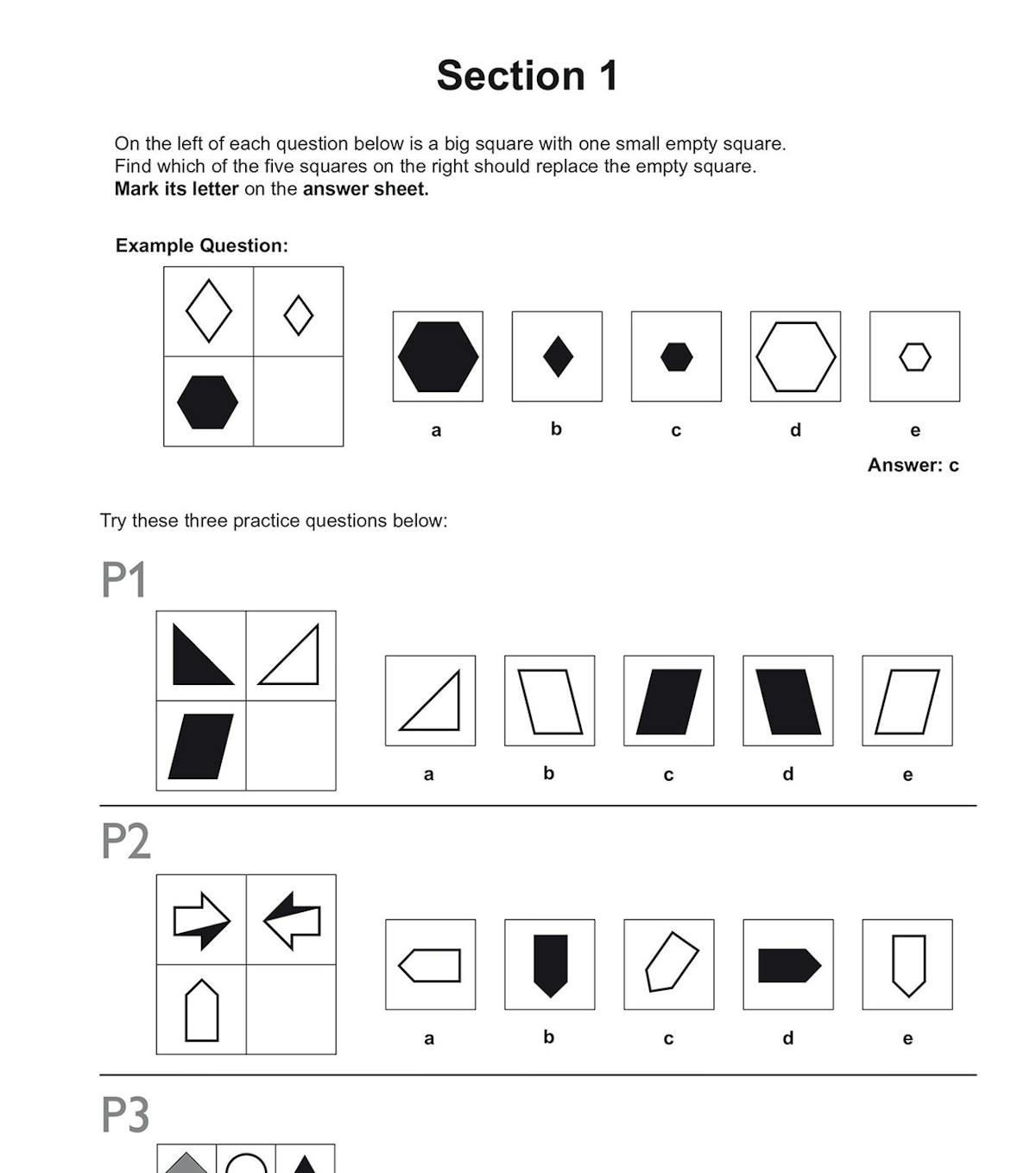 Sample non-verbal reasoning questions showing shape patterns and multiple-choice options