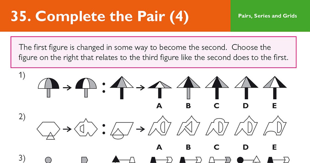 Sample question card showing complete-the-pair non-verbal reasoning puzzles with multiple choice answers