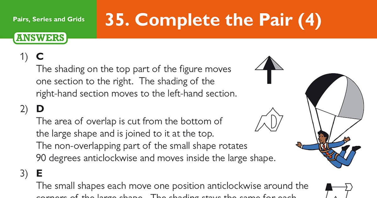 Answer side of question card showing detailed explanations for complete-the-pair puzzles
