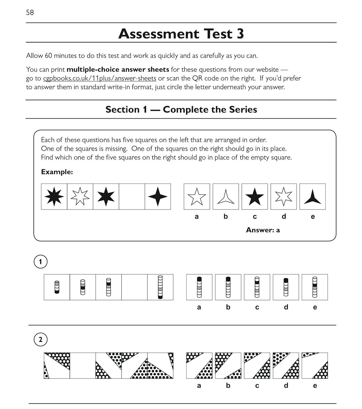 Assessment test page displaying Complete the Series questions with multiple-choice format