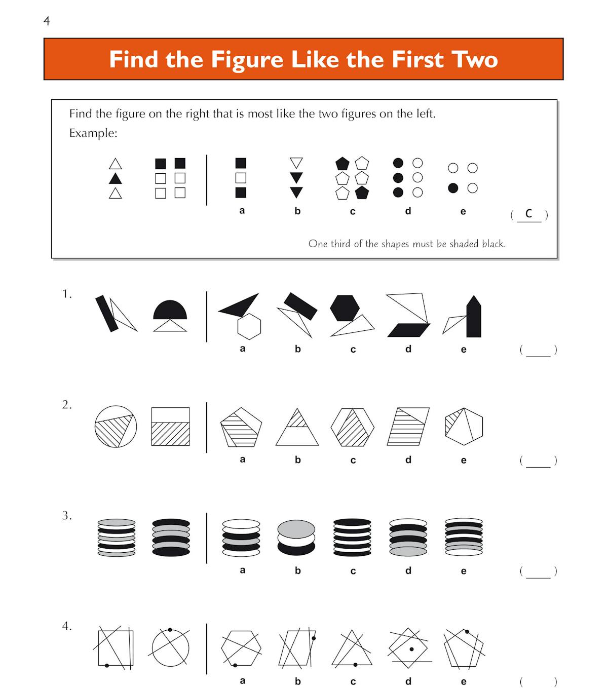 Sample question page showing Find the Figure Like the First Two exercises with multiple-choice answers
