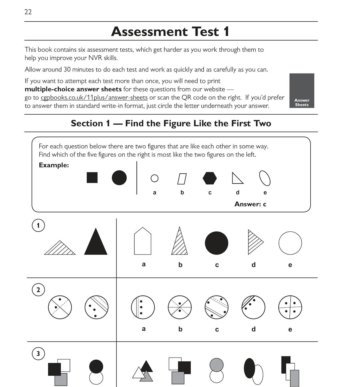 Assessment Test 1 page showing multiple-choice non-verbal reasoning questions
