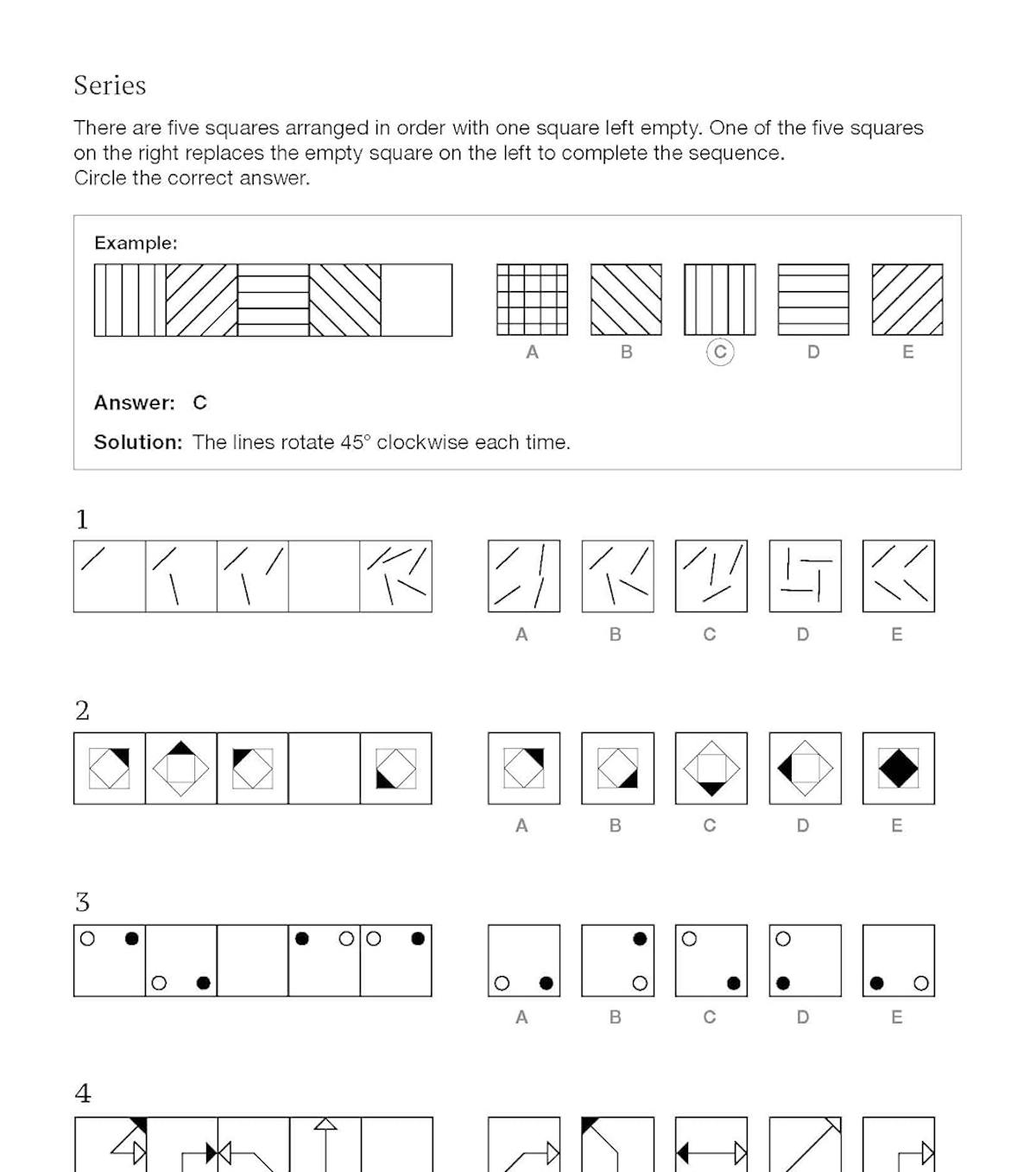 Sample practice page showing series questions with worked examples and multiple-choice answers
