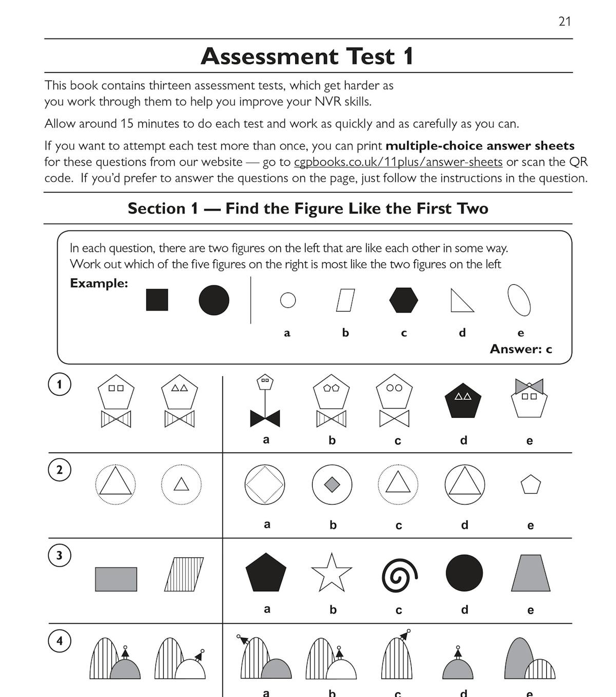 Sample assessment test page showing non-verbal reasoning questions with multiple-choice answers
