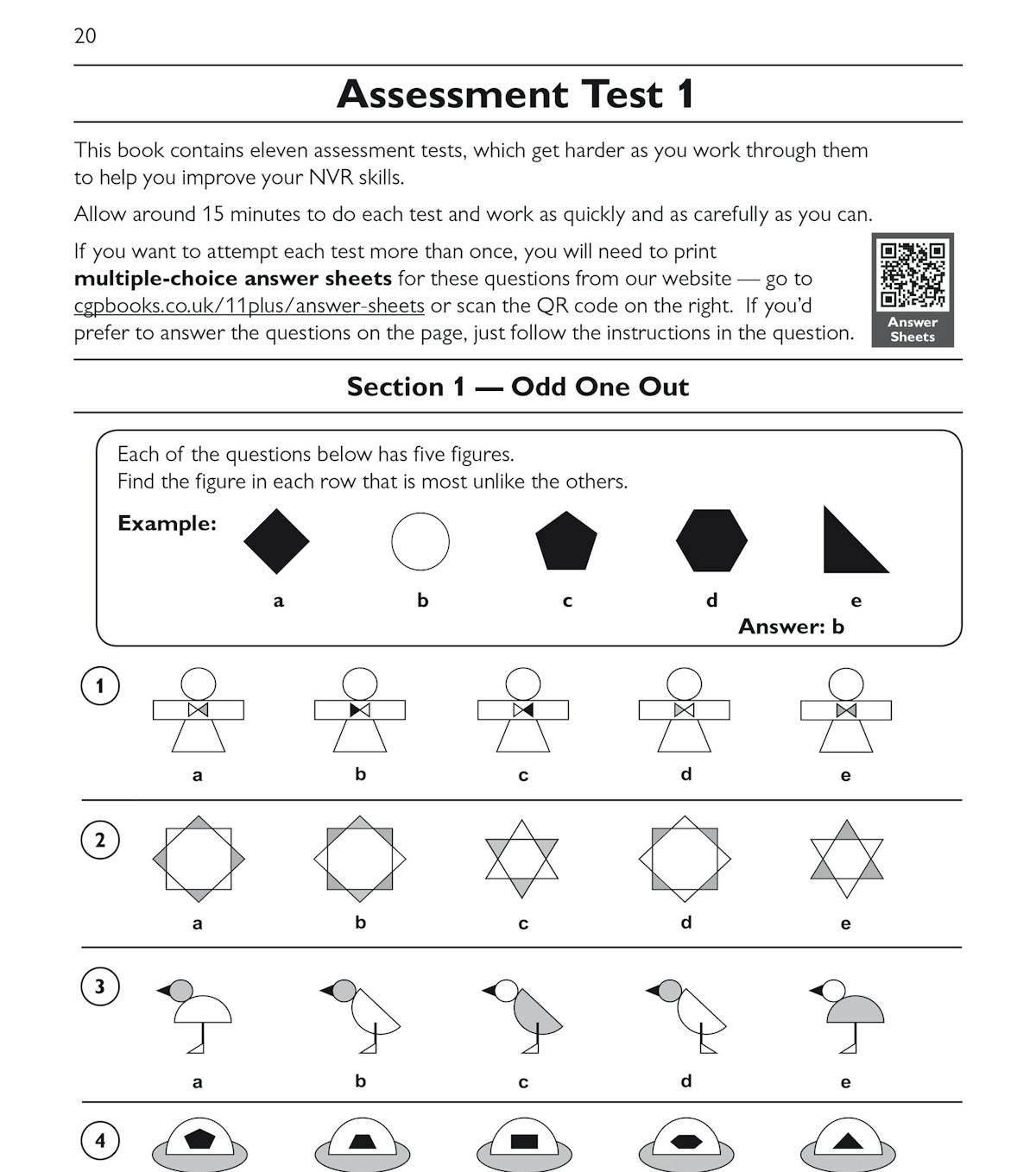 Sample page from Assessment Test 1 showing Odd One Out questions