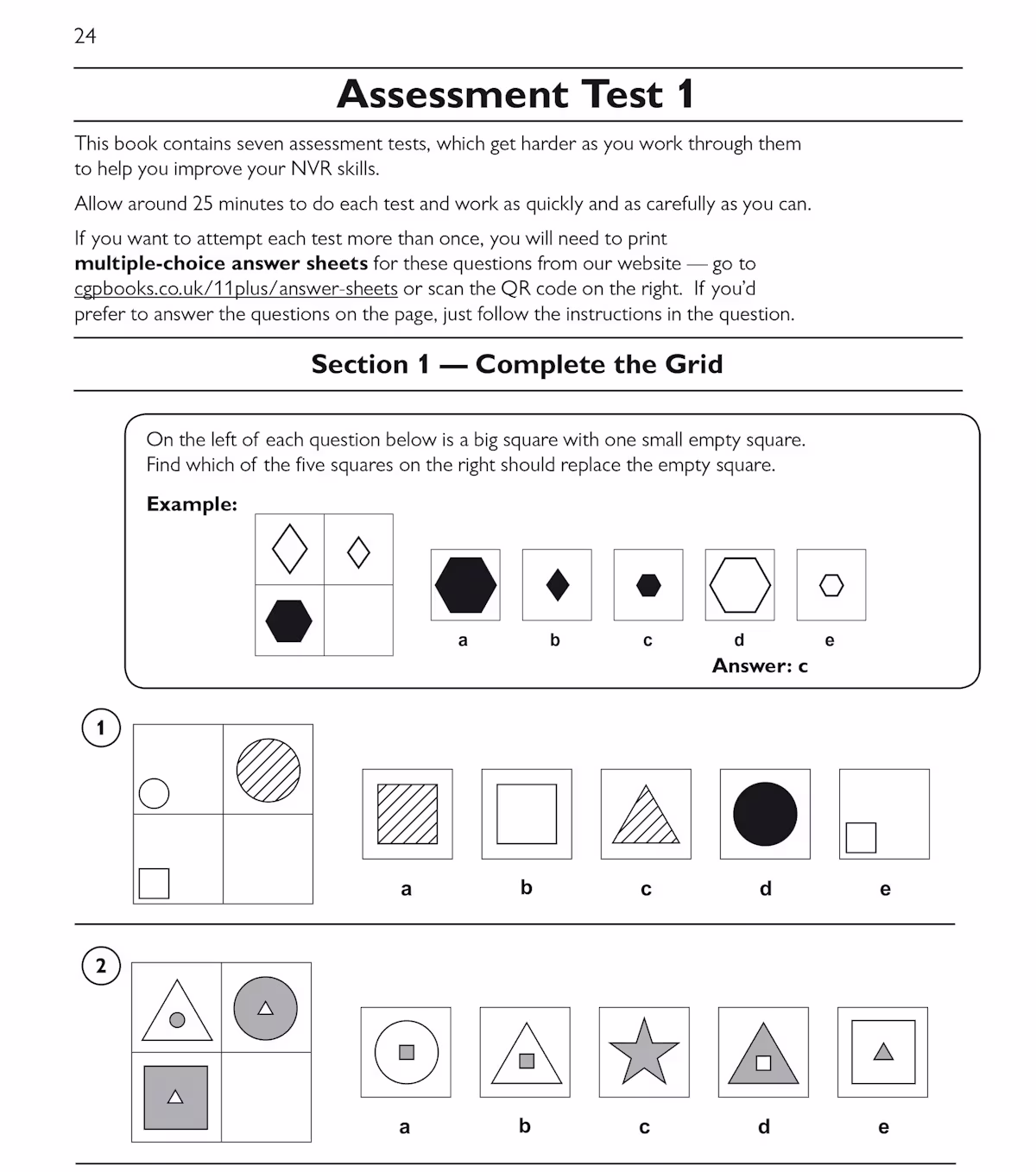 GL 11+ Non-Verbal Reasoning workbook displaying assessment test page with complete the grid questions and multiple choice answers