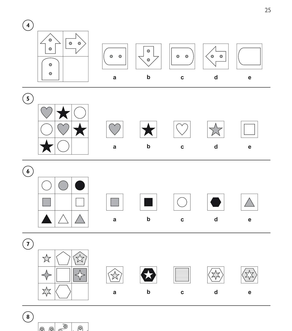 Assessment test page displaying numbered non-verbal reasoning questions with grid-based answer options