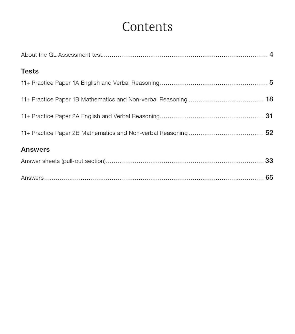 Contents page of GL 11+ Practice Papers Book 2 showing test structure and answer sections