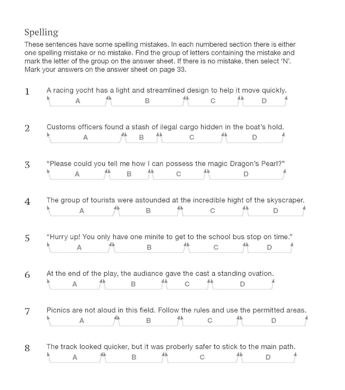 Spelling section demonstrating error-spotting questions with multiple-choice answer format