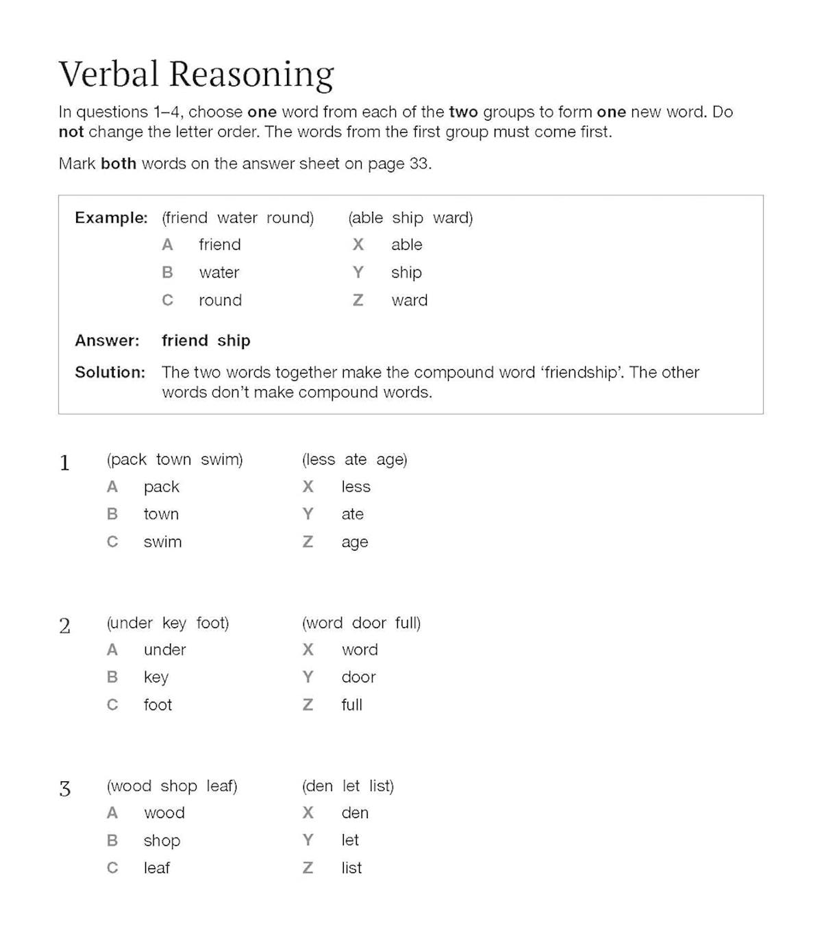 Sample verbal reasoning questions showing compound word formation tasks