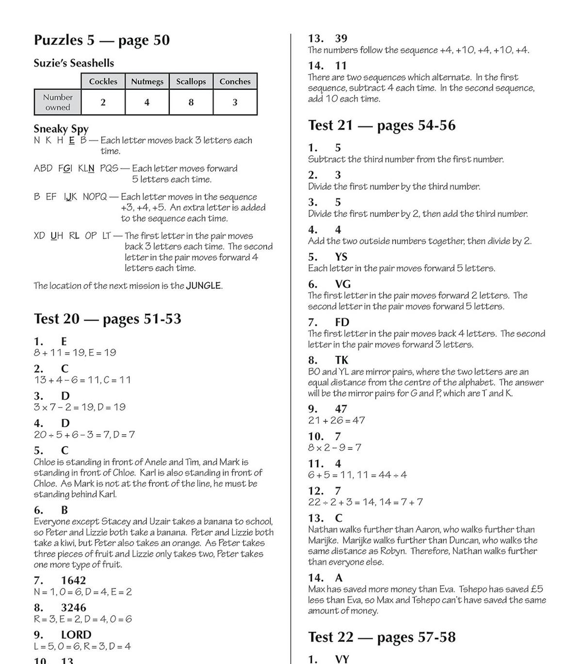 Answer pages showing detailed solutions and explanations for test questions