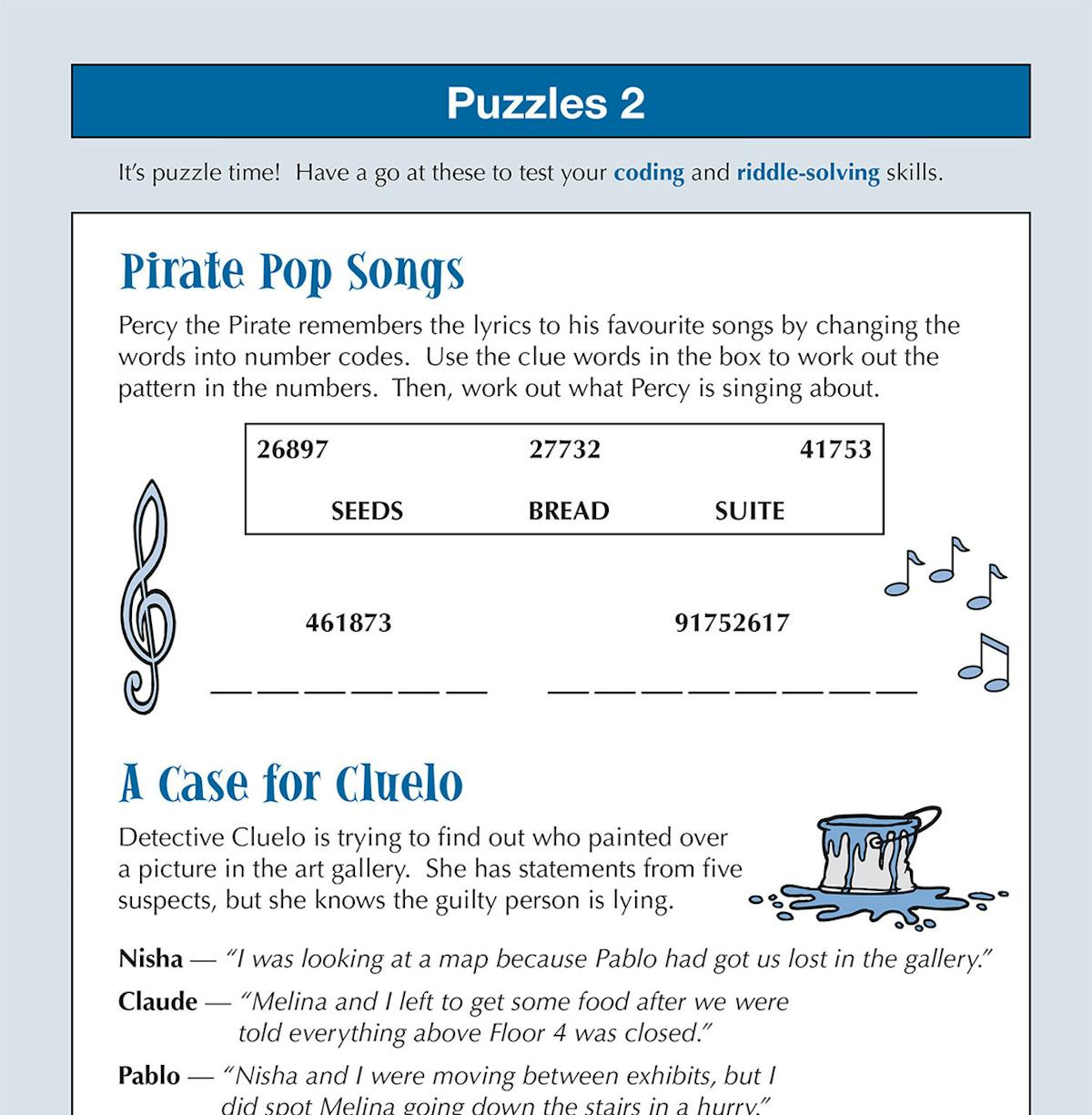 Sample puzzle page showing coding and riddle-solving activities including Pirate Pop Songs and A Case for Cluelo