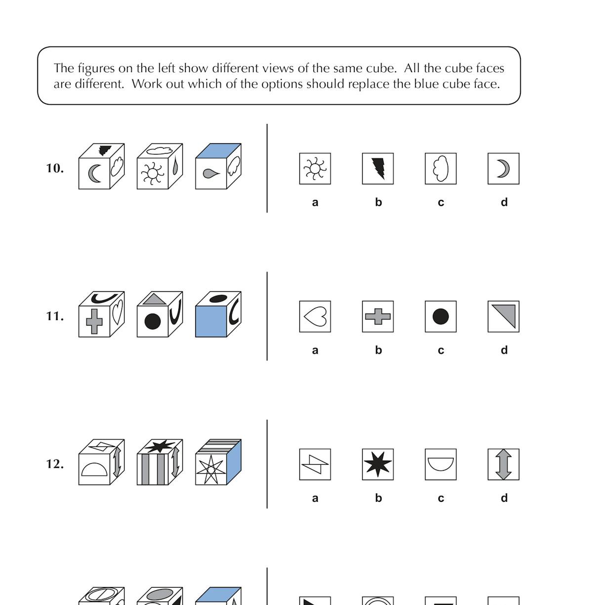 Sample test page displaying 3D cube rotation questions with different face patterns