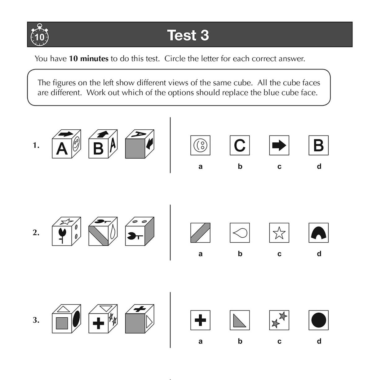 Sample test page showing 3D cube rotation questions with multiple choice answers