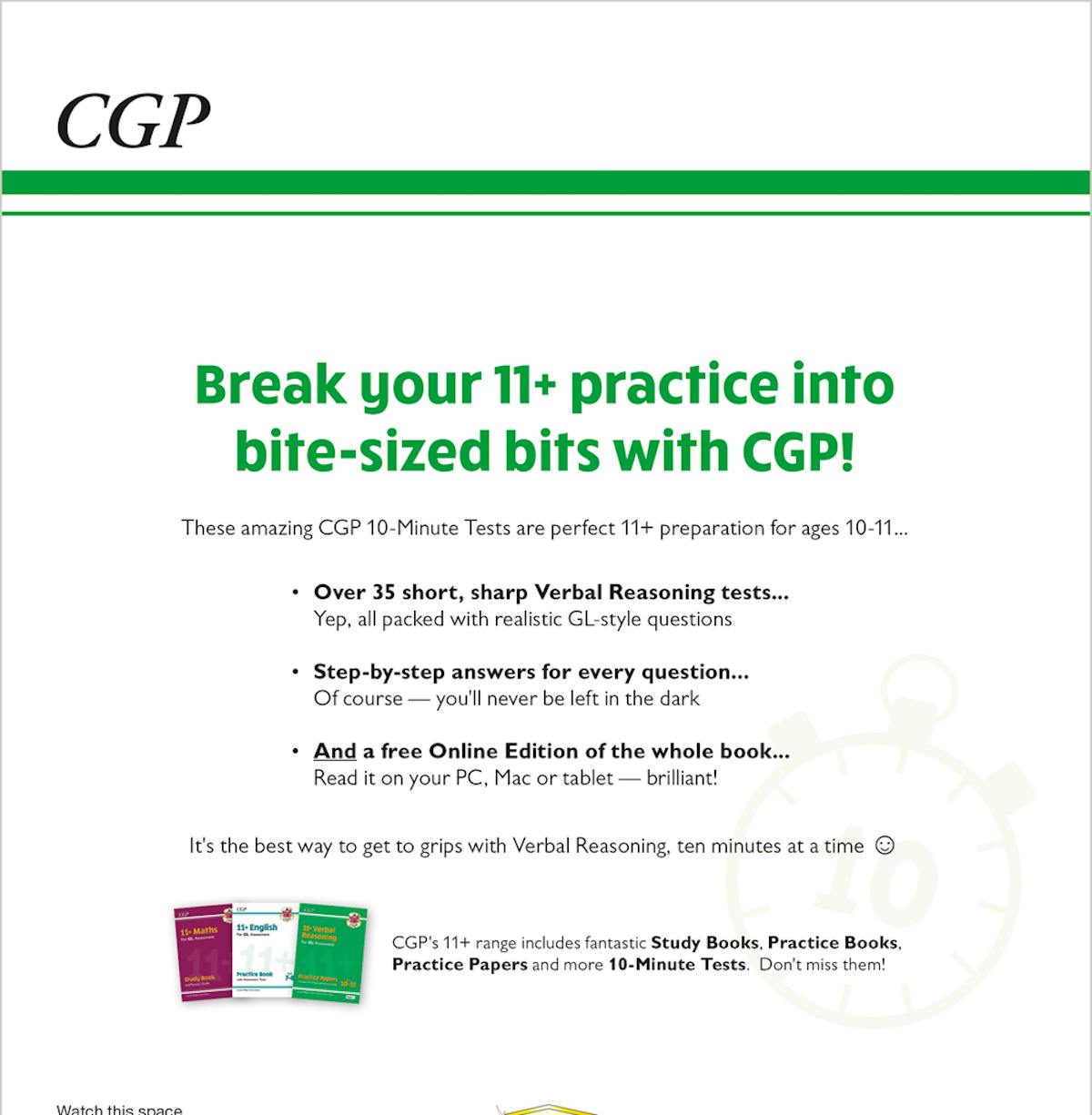 Back cover of the GL 11+ Verbal Reasoning 10-Minute Tests book showing key features and benefits