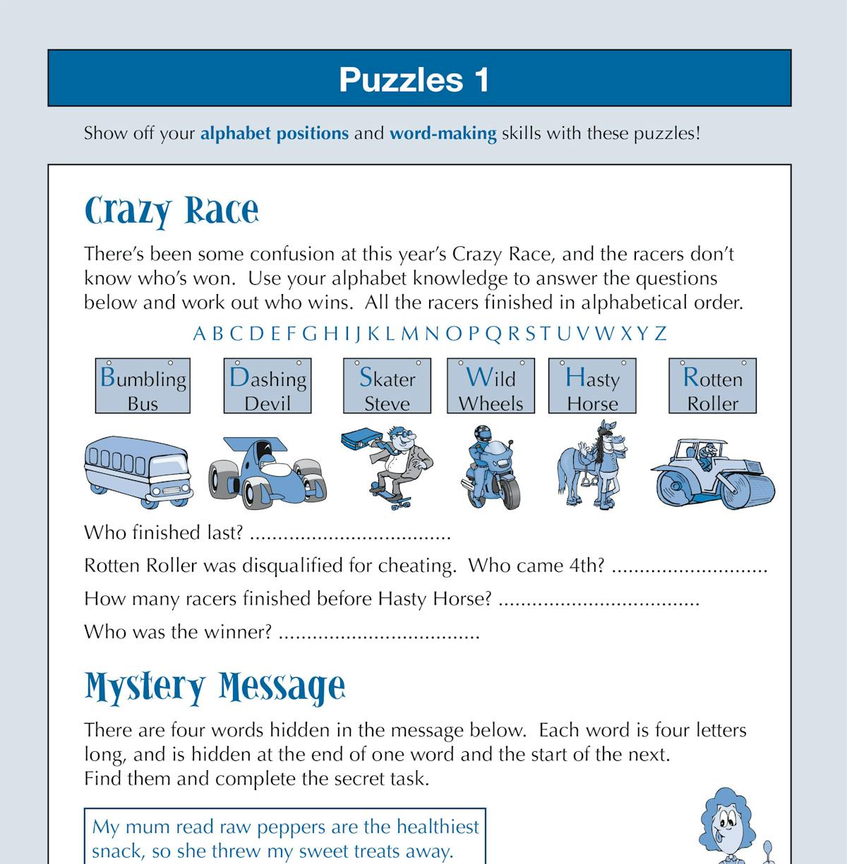 Sample puzzle page from the workbook showing alphabet positions and word-making challenges