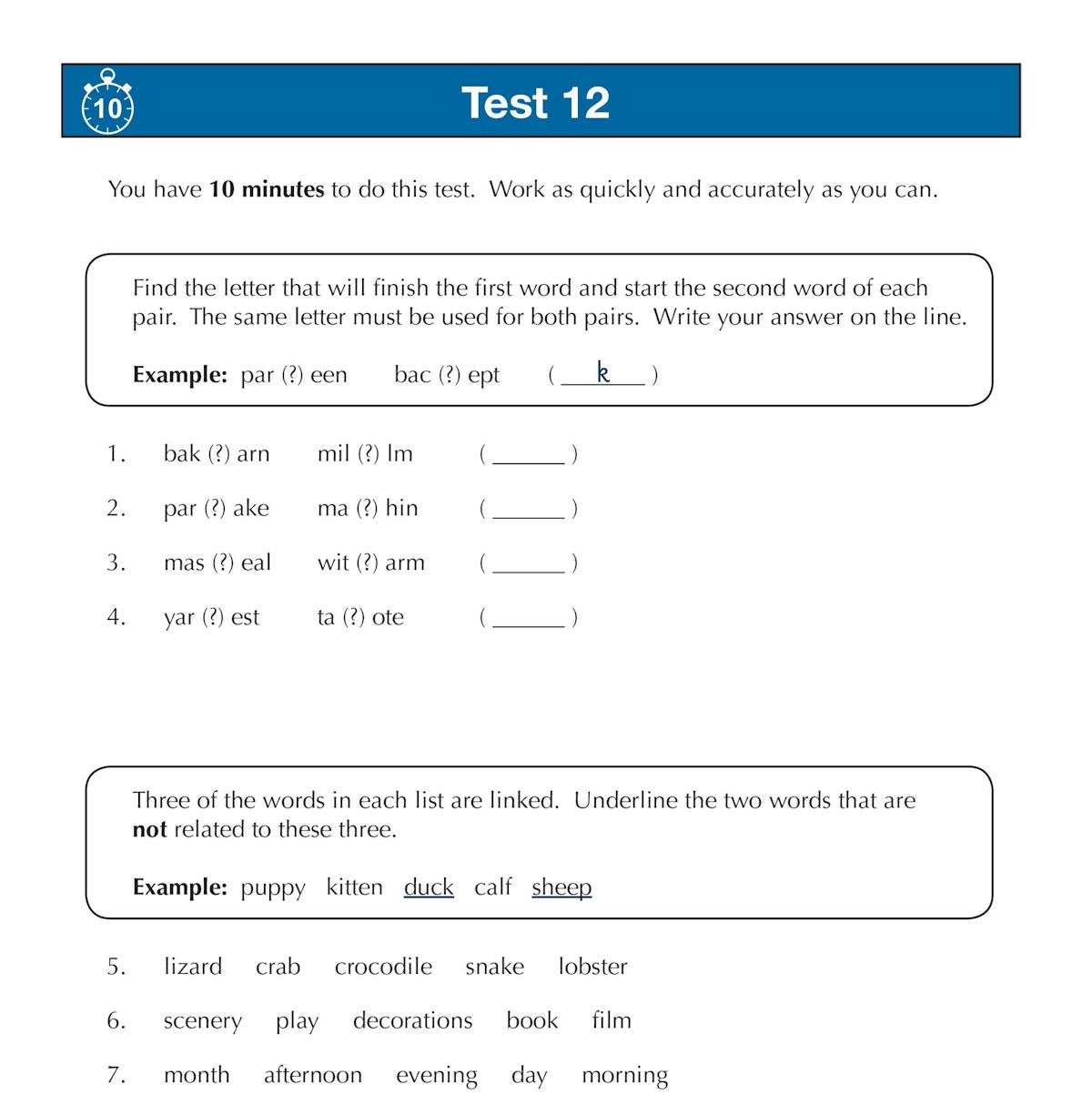Sample test page showing timed verbal reasoning questions