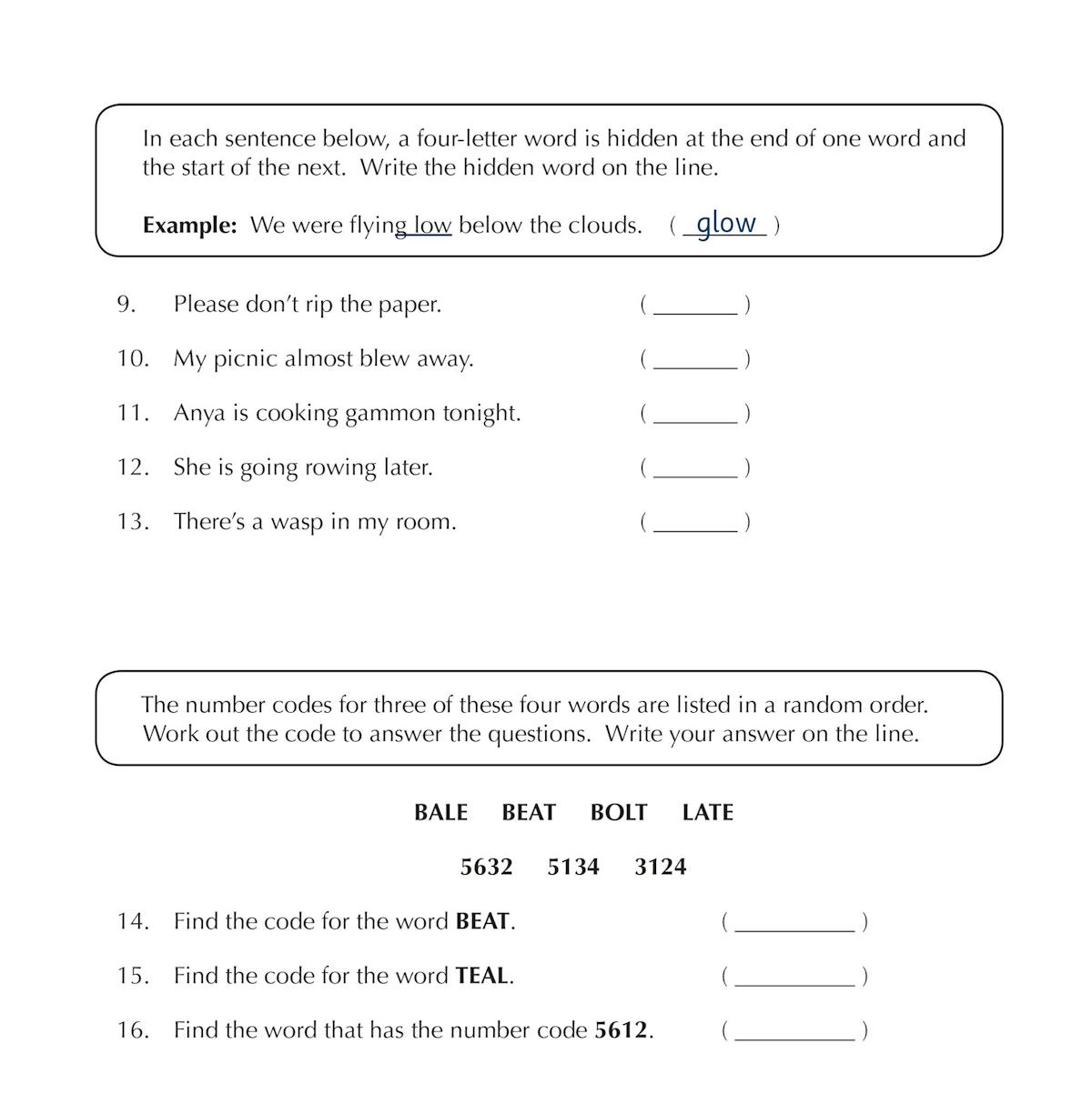 Inside pages showing varied verbal reasoning exercises and puzzle activities