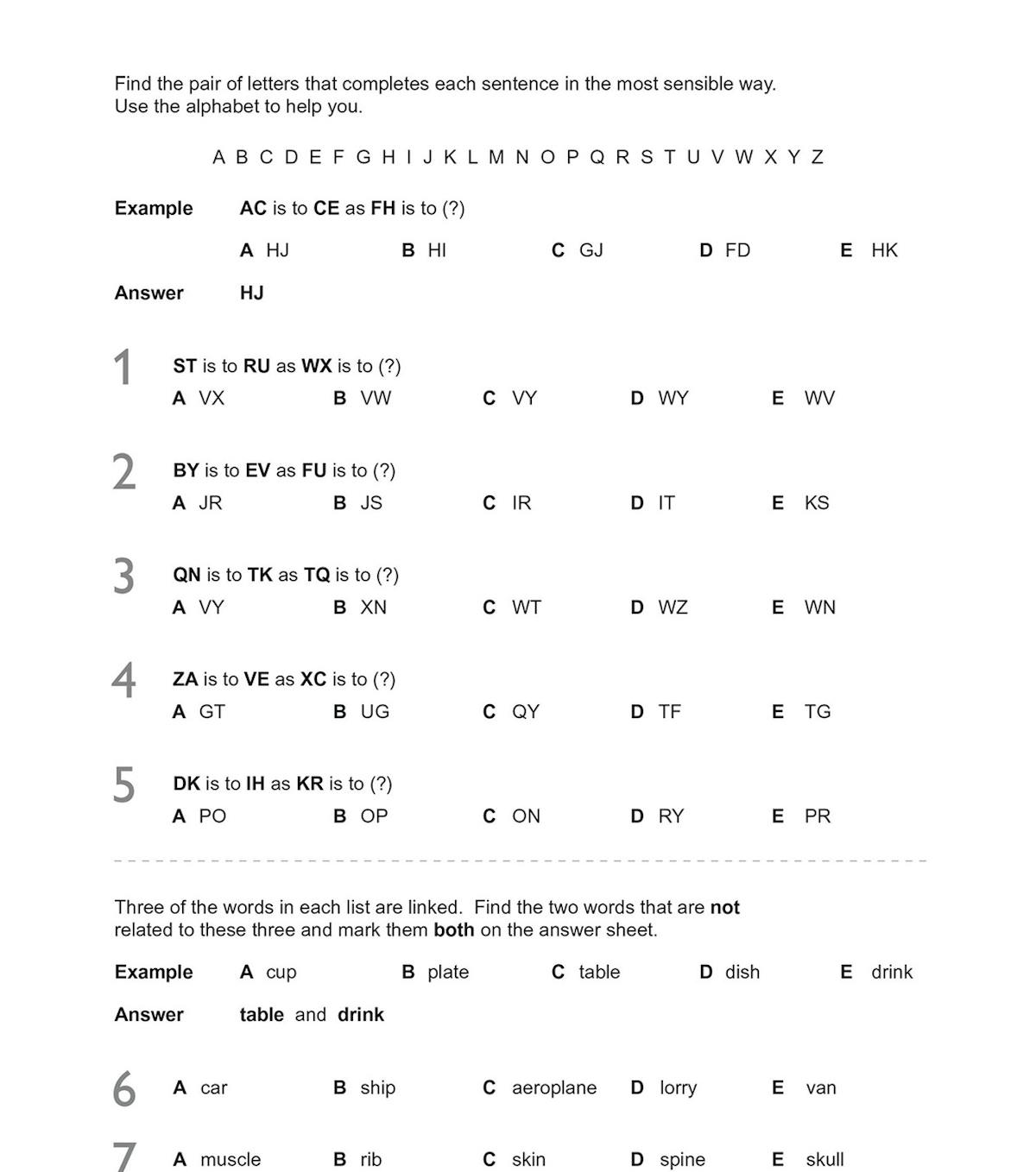 Sample verbal reasoning questions showing alphabet sequences and word-relationship problems
