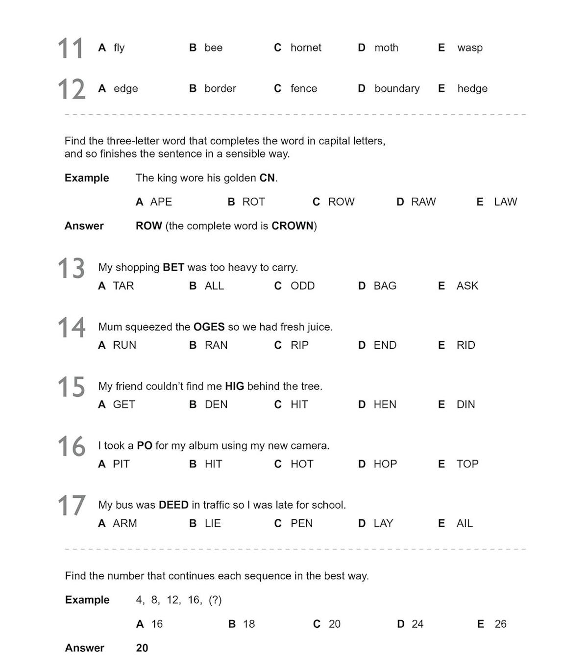 More sample questions including sentence completion and number sequences