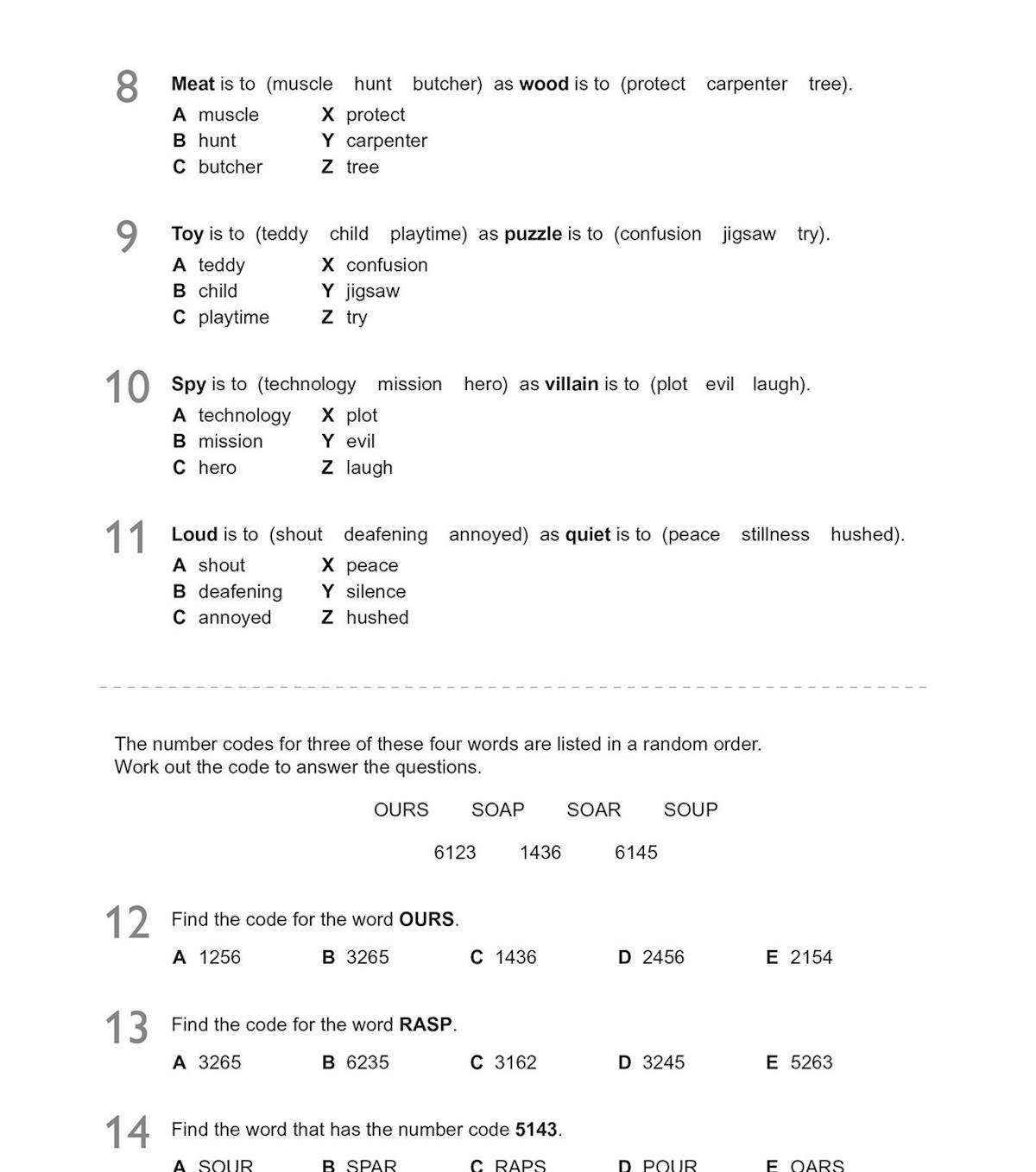 Sample page showing verbal reasoning questions including word relationships and code puzzles