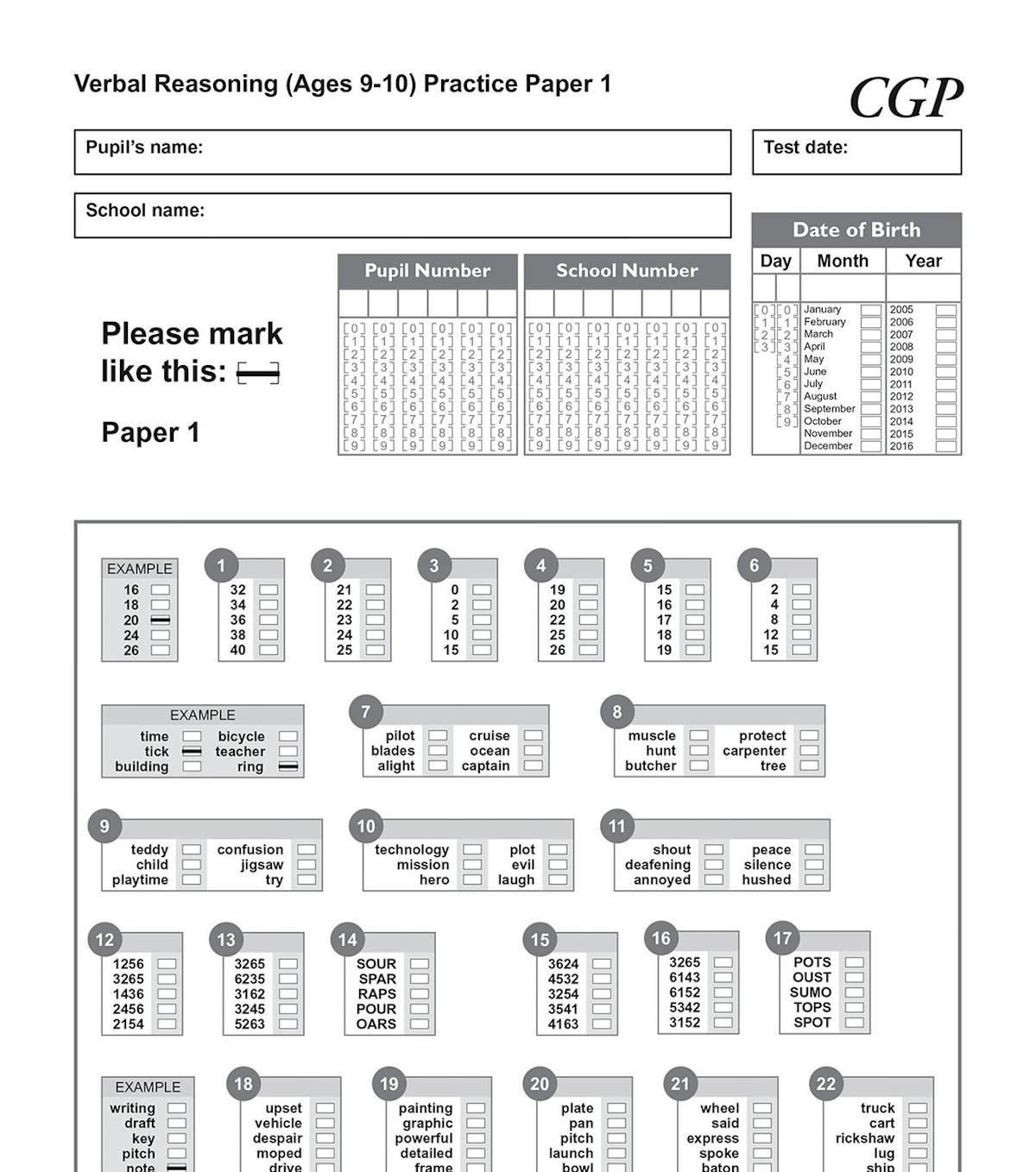 Answer sheet page showing multiple-choice bubble grids and date of birth fields