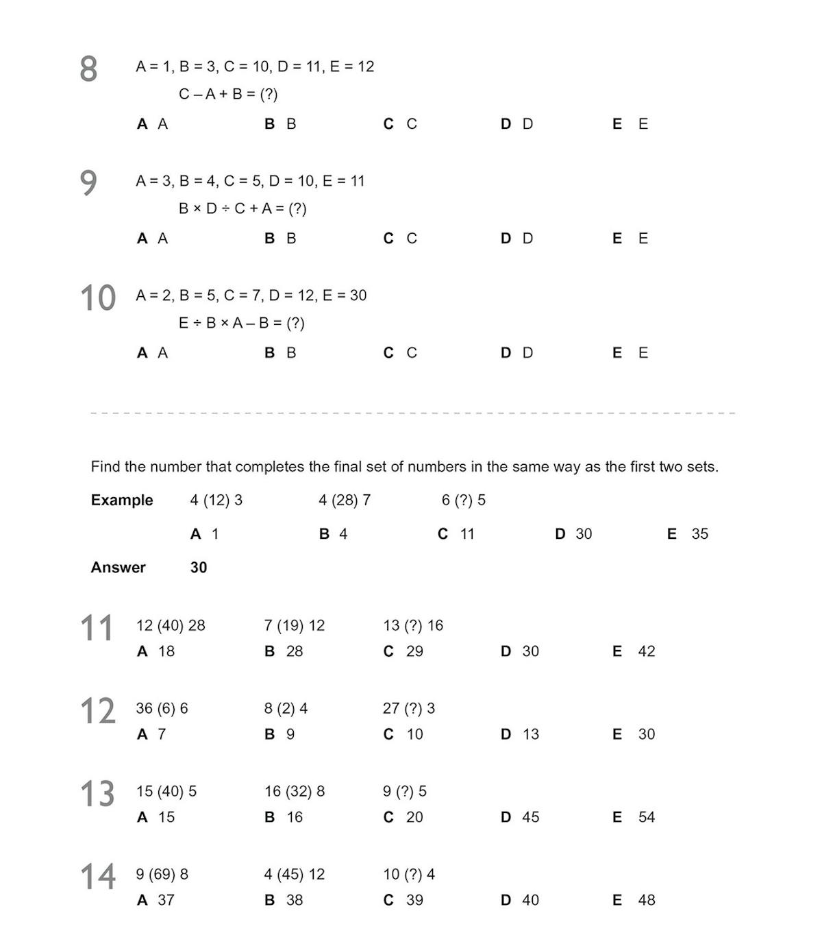 Sample page showing worked examples and multiple-choice Verbal Reasoning questions