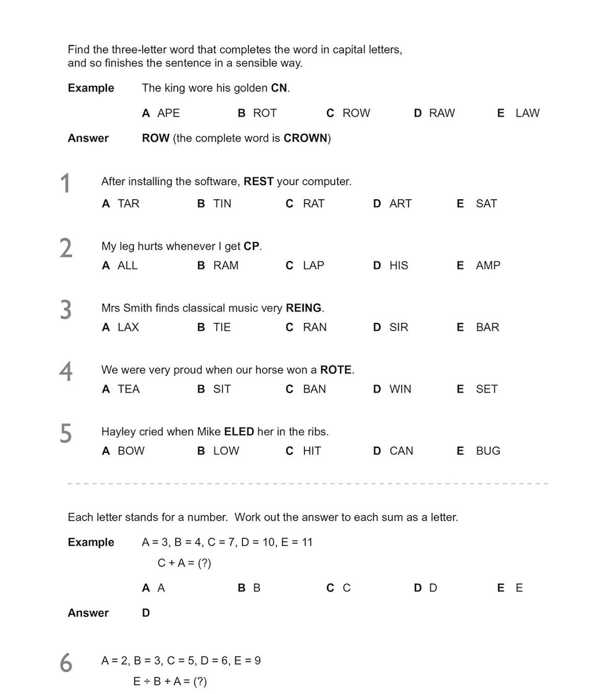 Further sample questions demonstrating varied Verbal Reasoning problem types