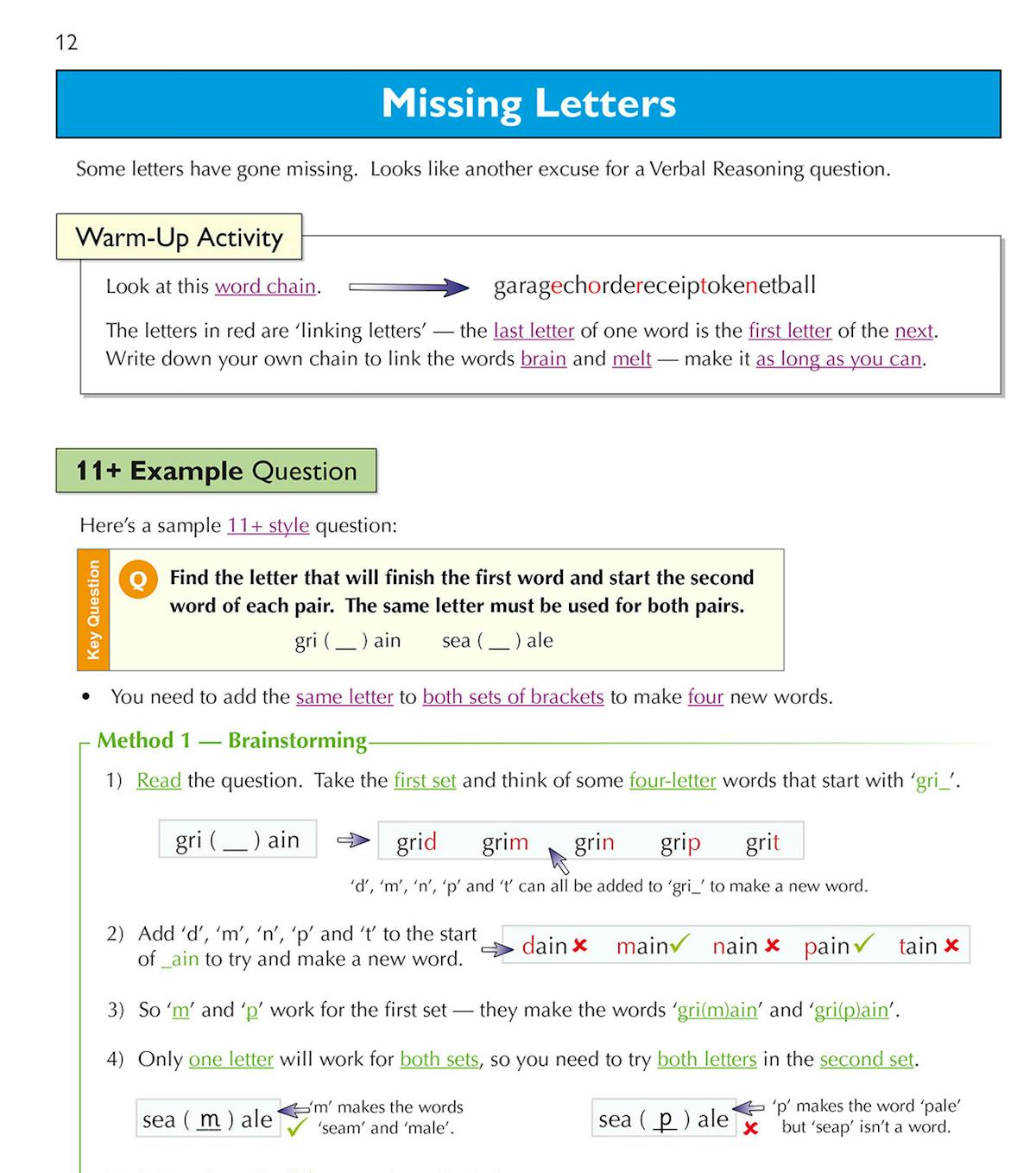 Inside page showing Missing Letters warm-up activity and step-by-step methods