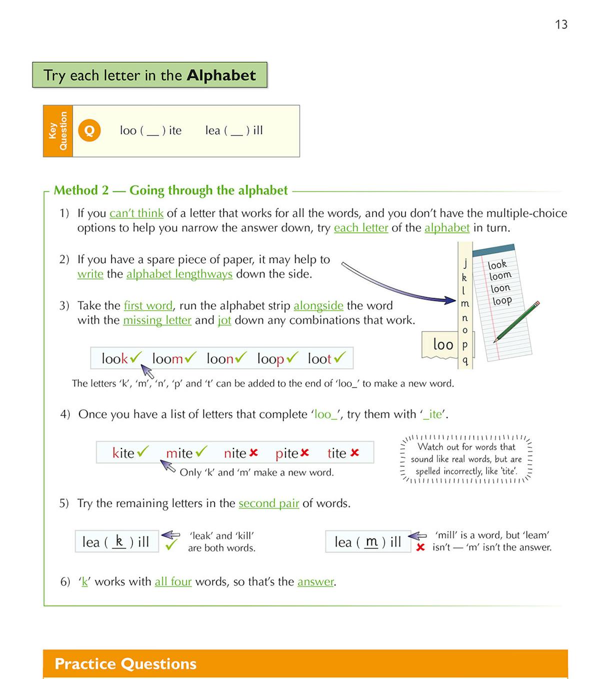 Page showing two methods for solving Missing Letters questions with practice exercises