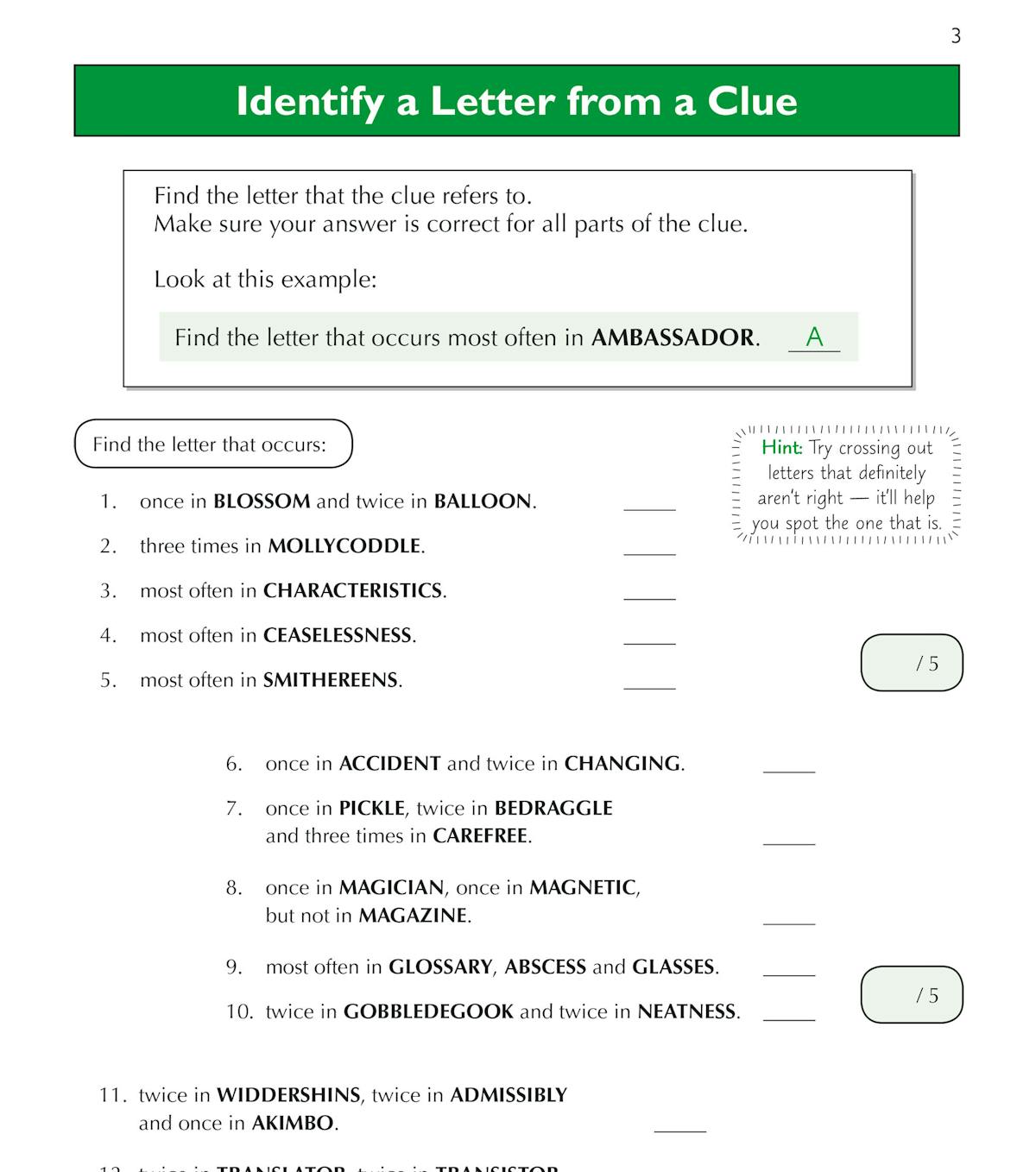 Sample page showing 'Identify a Letter from a Clue' exercises with worked examples and hints