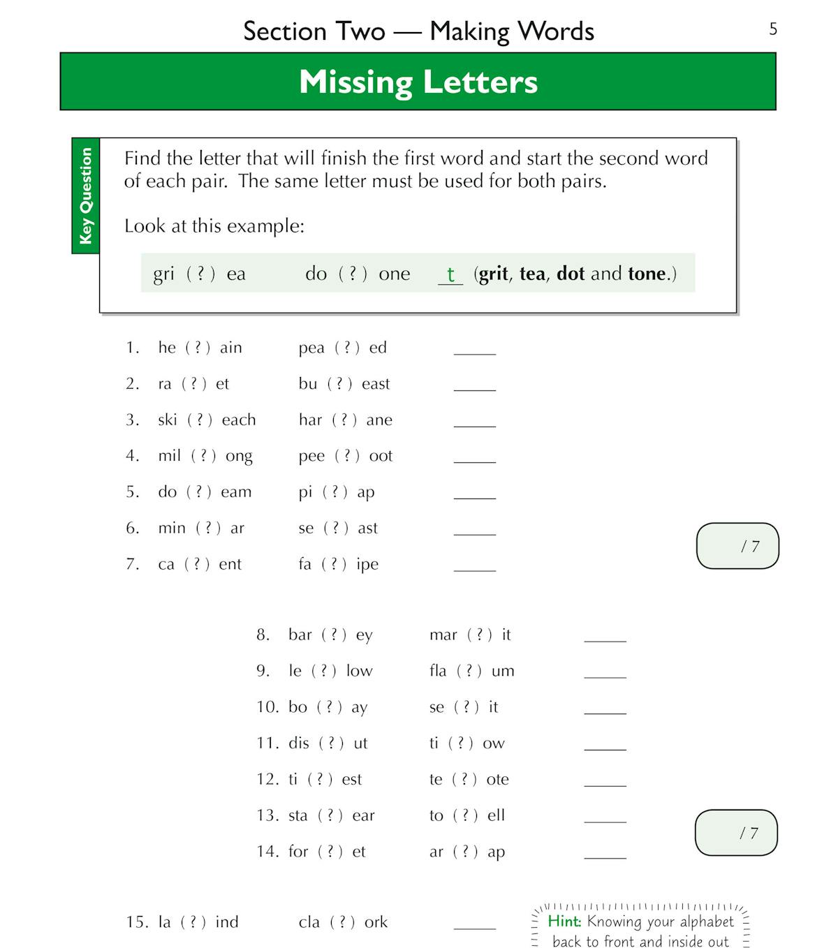Sample page from the GL 11+ Verbal Reasoning Workbook showing missing letters question type
