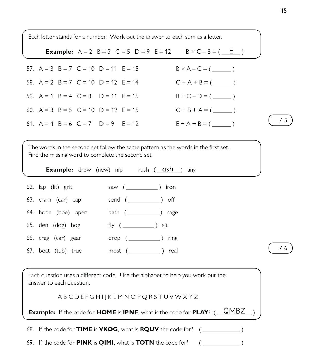 Sample page from the GL 11+ Verbal Reasoning Workbook showing alphabet code questions