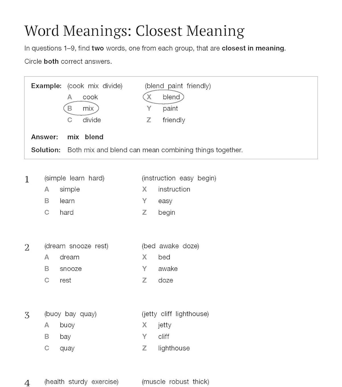 Sample page showing word meanings closest meaning question with worked example and practice questions