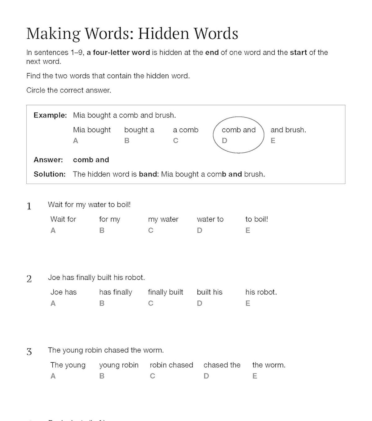 Sample page showing making words hidden words question with worked example and practice exercises