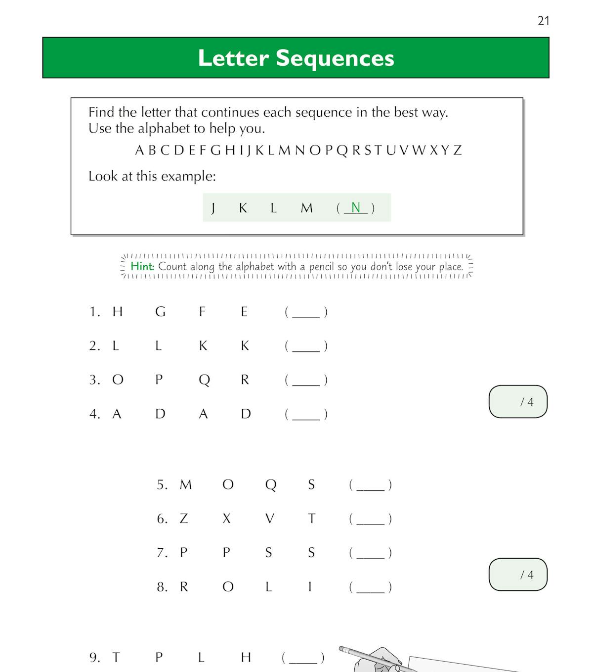 Letter sequences practice page from the workbook