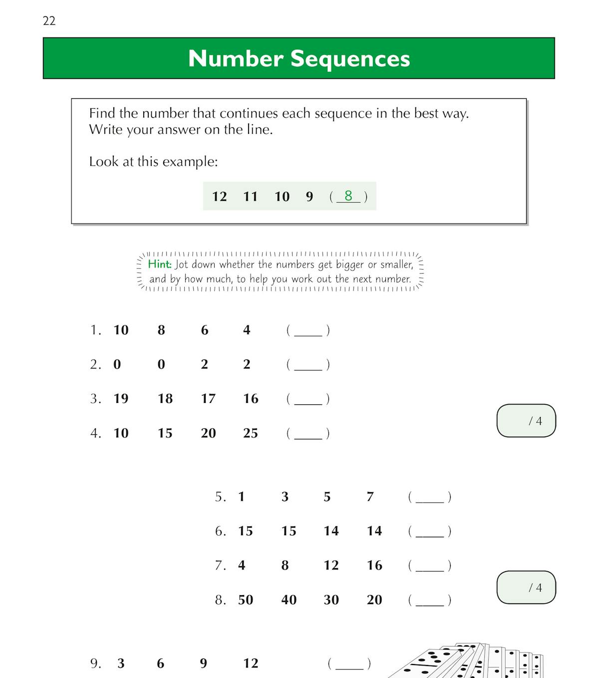 Number sequences practice page from the workbook