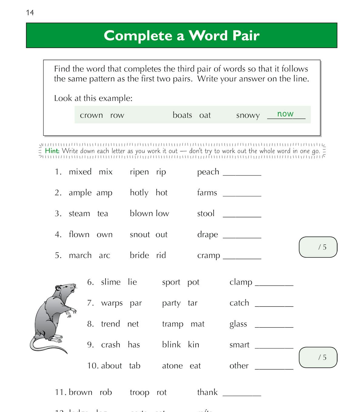 Sample page showing Complete a Word Pair questions with worked examples