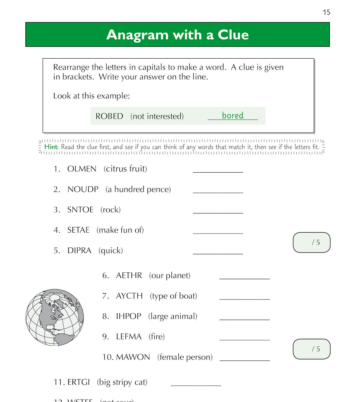 Verbal Reasoning workbook page showing Anagram with a Clue questions and practice exercises