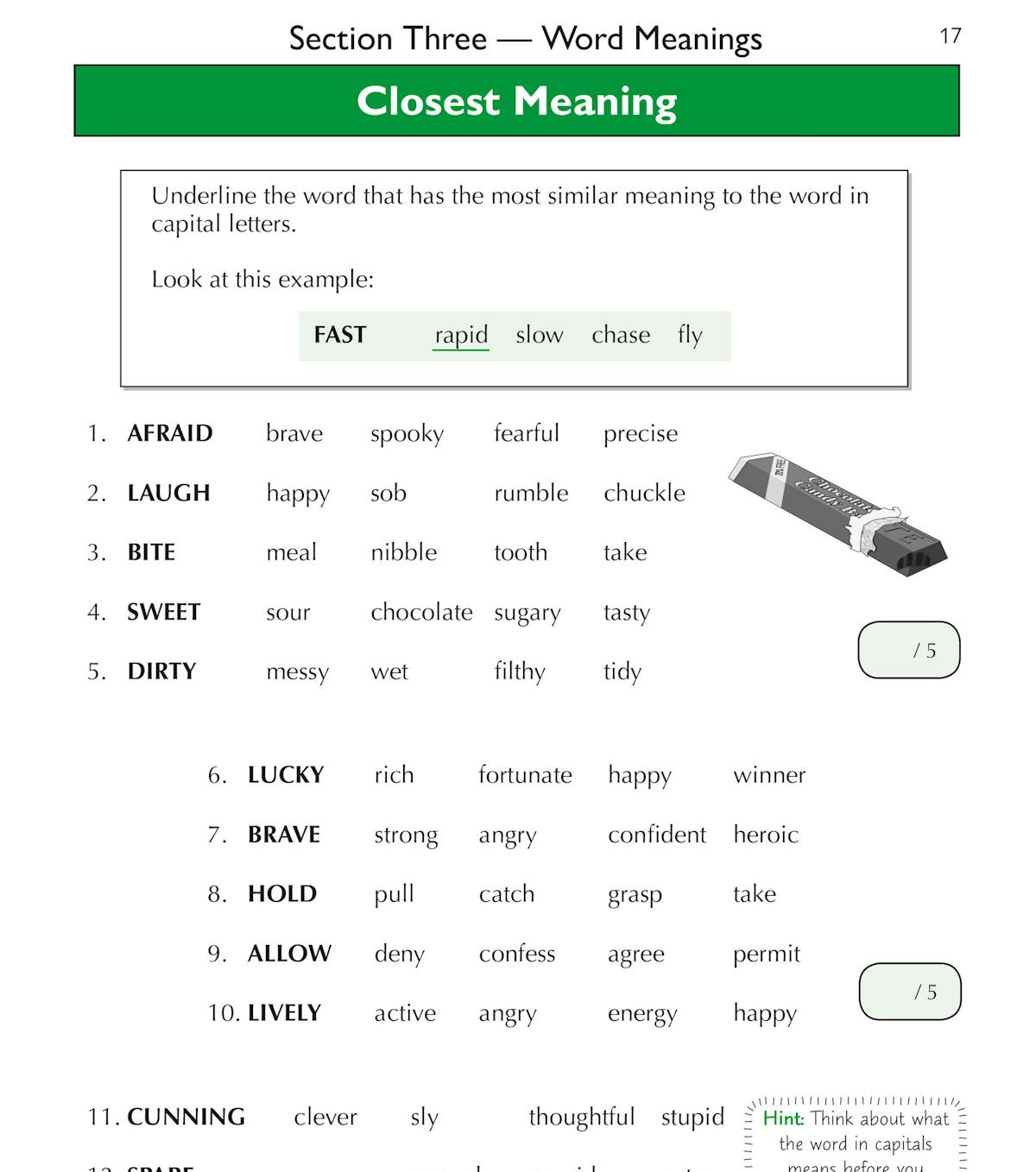 Sample page displaying Closest Meaning questions with helpful hints
