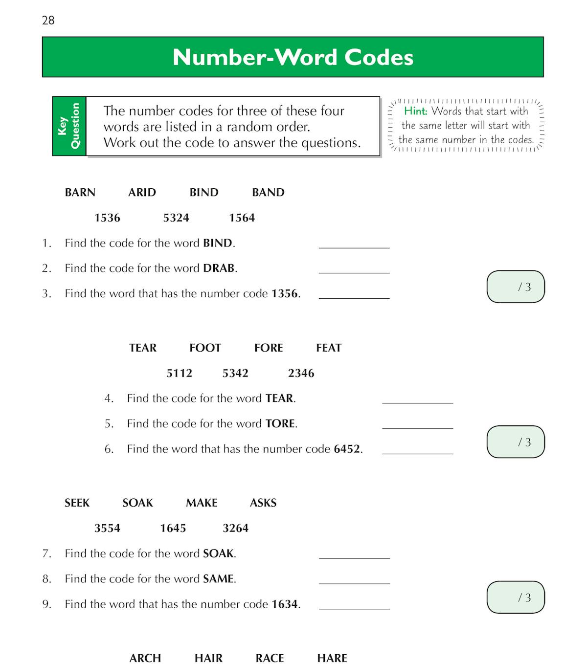 Sample practice page showing Number-Word Codes exercises with hints and scoring boxes
