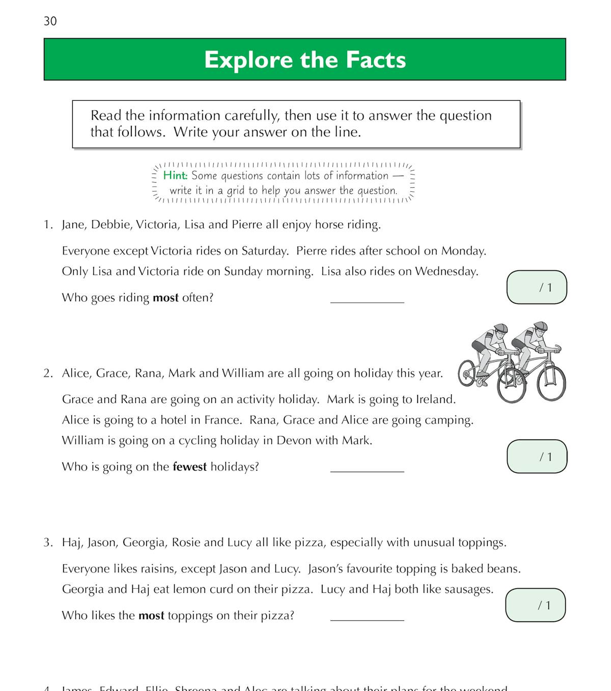Sample practice page displaying Explore the Facts comprehension questions with answer lines and scoring
