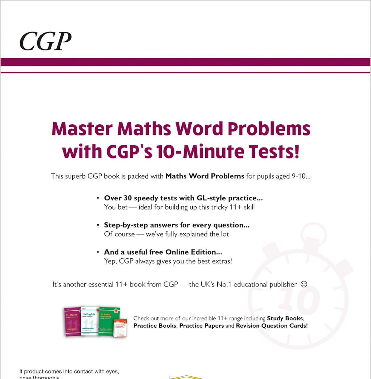 Back cover of GL 11+ Word Problems 10-Minute Tests showing key features and ISBN