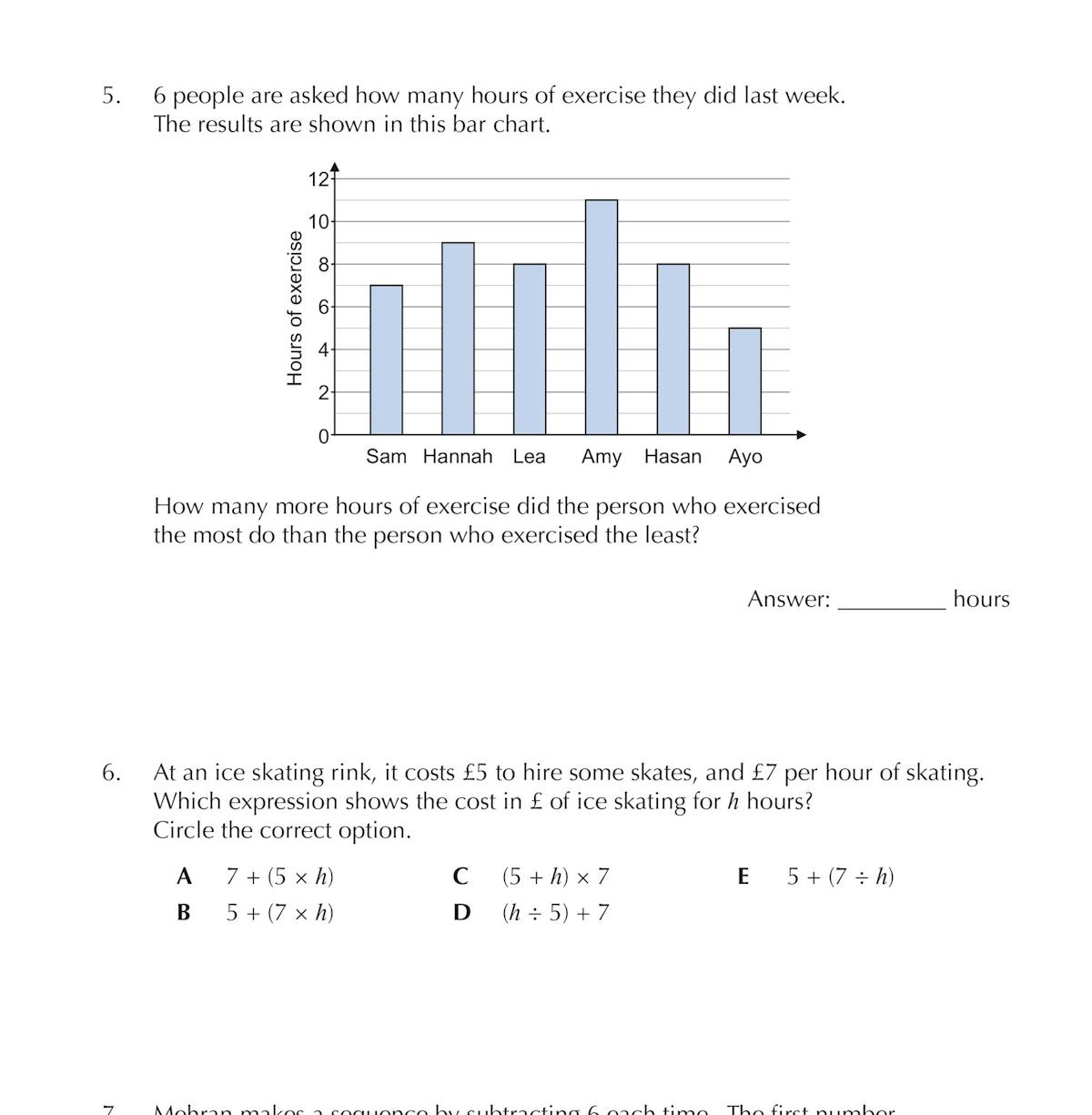 Sample test page showing maths word problems including bar chart and algebra questions