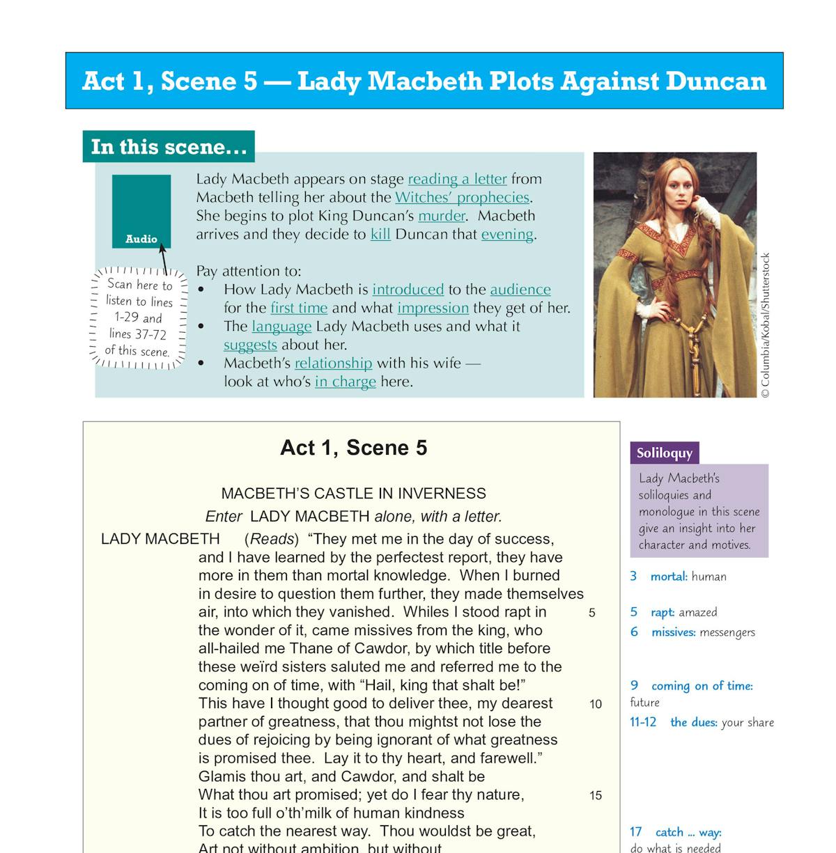Annotated scene overview with scene summary, character analysis and audio icon