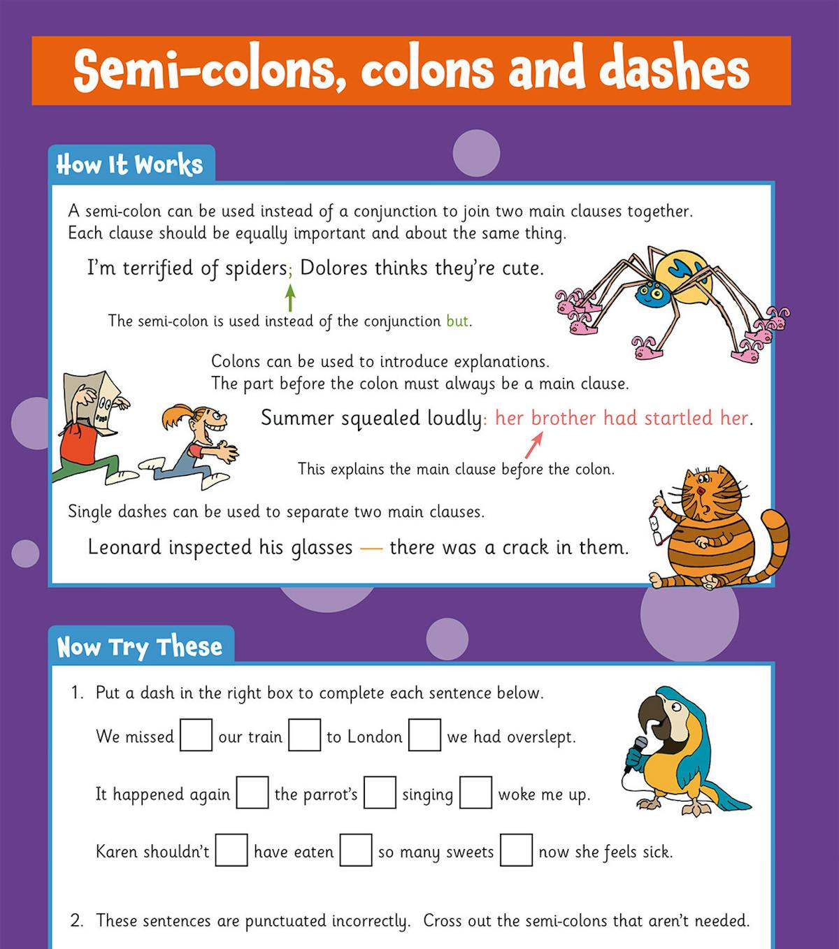 Inside pages showing punctuation exercises on semi-colons, colons and dashes